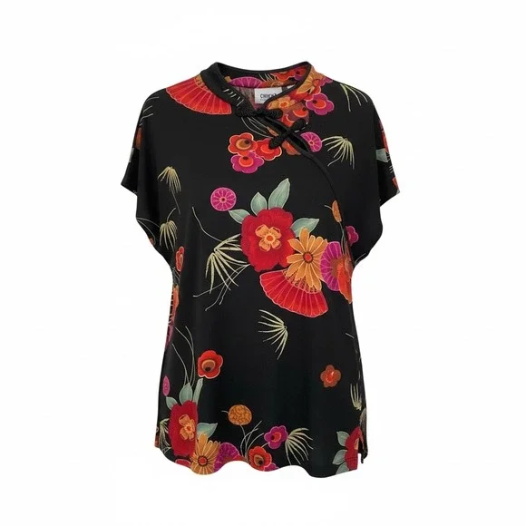 Chico's Travelers Mandarin Wrap Top Floral Asian Print Size 3 (XL) - Picture 1 of 12